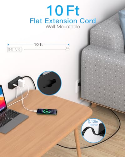 10Ft Extension Cord with Multiple Outlets, Flat Plug Power Strip Surge Protector with 10 Ft Long Cord, 6 Outlet 3 USB Ports (2 USB C), Multi Outlet...