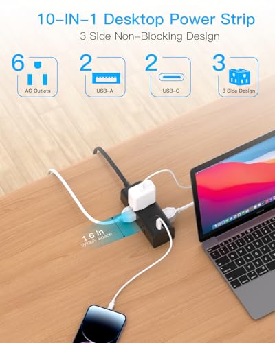 10Ft Extension Cord with Multiple Outlets, Flat Plug Power Strip Surge Protector with 10 Ft Long Cord, 6 Outlet 3 USB Ports (2 USB C), Multi Outlet...