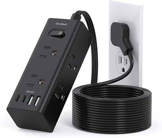 10Ft Extension Cord with Multiple Outlets, Flat Plug Power Strip Surge Protector with 10 Ft Long Cord, 6 Outlet 3 USB Ports (2 USB C), Multi Outlet...