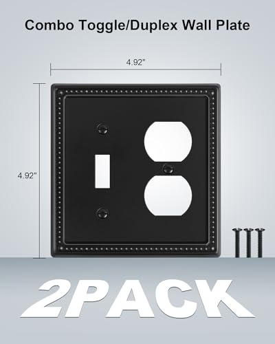 2-Pack Combo Toggle/Duplex Light Switch Cover Plate, Black Metal Wall Outlet Cover Plate, Decorative Beaded Wall Socket Receptacle Cover for... 2-Pack Combo Toggle/Duplex Light Switch Cover Plate, Black Metal Wall Outlet Cover Plate, Decorative Beaded Wall Socket Receptacle Cover for...