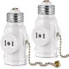 2-Pack E26 Light Socket Adapter - Converts Medium Screw Socket to Two Outlets With Pull Chain Switch - UL Listed, White