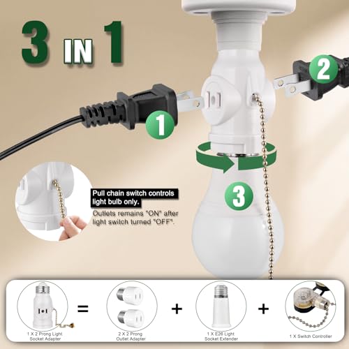 2-Pack E26 Light Socket Adapter - Converts Medium Screw Socket to Two Outlets With Pull Chain Switch - UL Listed, White