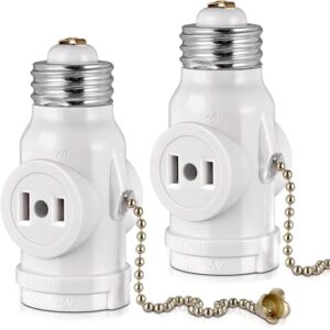 2-Pack E26 Light Socket Adapter - Converts Medium Screw Socket to Two Outlets With Pull Chain Switch - UL Listed, White 2-Pack E26 Light Socket Adapter - Converts Medium Screw Socket to Two Outlets With Pull Chain Switch - UL Listed, White