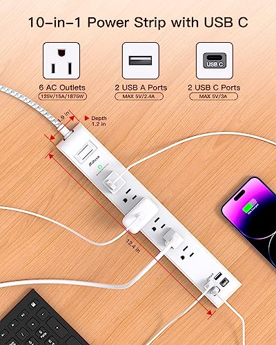 2 Pack Extension Cord 10ft Power Strip - Surge Protector with 6 Outlets 4 USB Charging Ports, Flat Plug, Overload Protection, Wall Mount for Home...