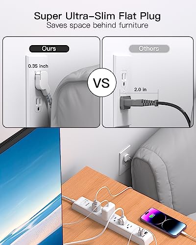 2 Pack Extension Cord 10ft Power Strip - Surge Protector with 6 Outlets 4 USB Charging Ports, Flat Plug, Overload Protection, Wall Mount for Home...