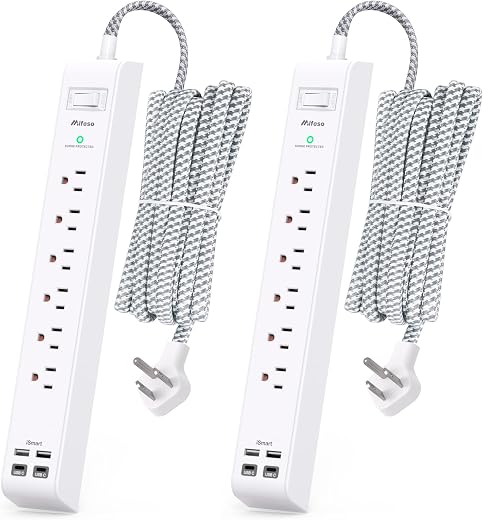 2 Pack Extension Cord 10ft Power Strip - Surge Protector with 6 Outlets 4 USB Charging Ports, Flat Plug, Overload Protection, Wall Mount for Home...