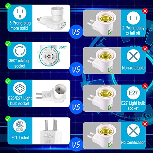 2 Pack Outlet to Socket Adapter, 360° Rotatable Plug in Light Bulb Socket with On/Off Switch, 3-Prong Outlet to E26 E27 Screw Base Bulb Socket (ETL... 2 Pack Outlet to Socket Adapter, 360° Rotatable Plug in Light Bulb Socket with On/Off Switch, 3-Prong Outlet to E26 E27 Screw Base Bulb Socket (ETL...