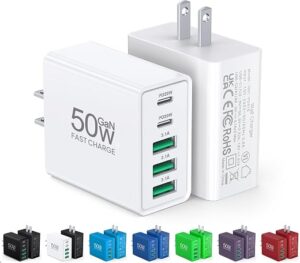 [2-Pack] USB C Wall Charger,50W 5-Port PD Fast USB C Charging Block,2USB C+3USB A Multiport Plug,Type C Power Adapter Brick Cube for iPhone...