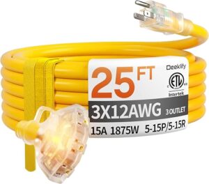 25 ft 12 Gauge Heavy Duty 3 Outlet Extension Cord Splitter with Indicator, Waterproof Outdoor Extension Cord with Multiple Outlets, 15A 1875W for... 25 ft 12 Gauge Heavy Duty 3 Outlet Extension Cord Splitter with Indicator, Waterproof Outdoor Extension Cord with Multiple Outlets, 15A 1875W for...