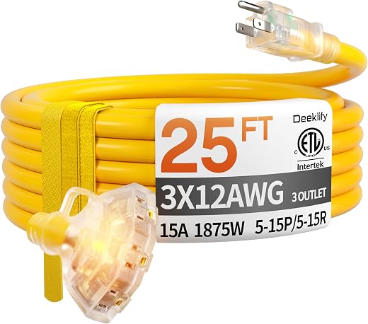 25 ft 12 Gauge Heavy Duty 3 Outlet Extension Cord Splitter with Indicator, Waterproof Outdoor Extension Cord with Multiple Outlets, 15A 1875W for... 25 ft 12 Gauge Heavy Duty 3 Outlet Extension Cord Splitter with Indicator, Waterproof Outdoor Extension Cord with Multiple Outlets, 15A 1875W for...