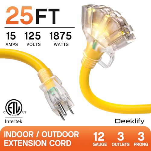 25 ft 12 Gauge Heavy Duty 3 Outlet Extension Cord Splitter with Indicator, Waterproof Outdoor Extension Cord with Multiple Outlets, 15A 1875W for... 25 ft 12 Gauge Heavy Duty 3 Outlet Extension Cord Splitter with Indicator, Waterproof Outdoor Extension Cord with Multiple Outlets, 15A 1875W for...
