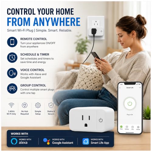 4 Pack Smart Home Wi-Fi Plugs - Alexa & Google Home Compatible, White, Toggle Switch, Automatic Operation 4 Pack Smart Home Wi-Fi Plugs - Alexa & Google Home Compatible, White, Toggle Switch, Automatic Operation