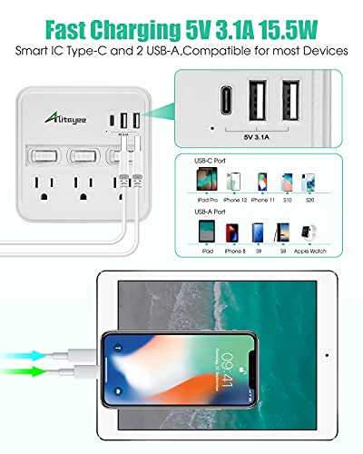 Alitayee wall Outlet Extender Surge Protector, USB Power Strips with Individual Switches and 15.5W Type-C Fast Charging Ports for Cell...