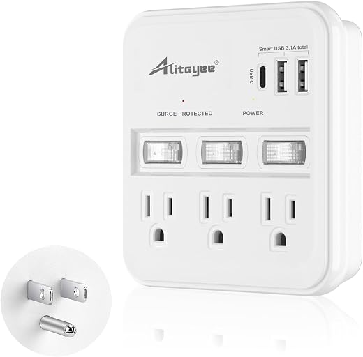 Alitayee wall Outlet Extender Surge Protector, USB Power Strips with Individual Switches and 15.5W Type-C Fast Charging Ports for Cell...