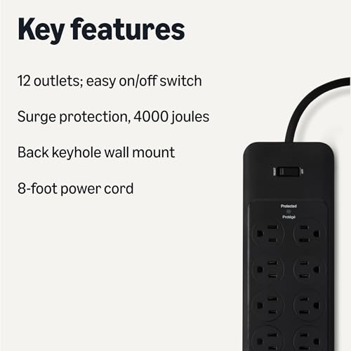 Amazon Basics 12-Outlet Surge Protector Power Strip, 4000 Joules, 8ft Extension Cord, Rectangle, for Home, Office, Gaming Room, Black