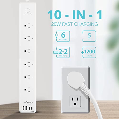 BN LINK Smart Plug Power Strip，Surge Protector with 6 Individually Controlled Smart Outlets, 4 USBs (incl. 20W USB-C), Compatible with Alexa and...