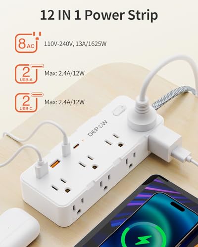 DEPOW Power Strip Surge Protector, 5FT Braided Extension Cord with Multiple Outlets-8 AC Outlets 4 USB Ports (2 USB C), Flag Plug Charging Station,...