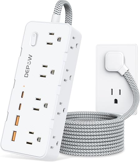 DEPOW Power Strip Surge Protector, 5FT Braided Extension Cord with Multiple Outlets-8 AC Outlets 4 USB Ports (2 USB C), Flag Plug Charging Station,...