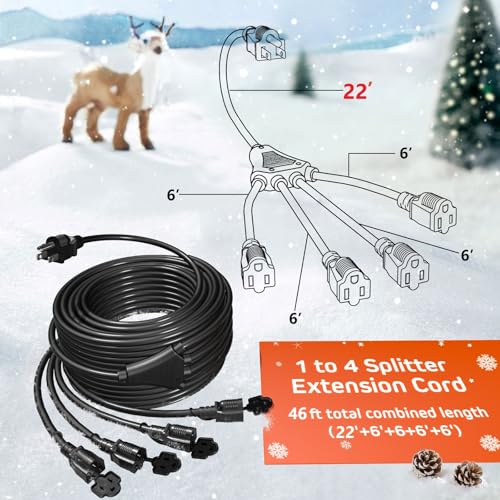 Eversimpleinc Black 1 to 4 Splitter Extension Cord (Combined 46 FT, End to End 28 FT), 3 Prong Plug with 4 Extended Outlets, with Weatherproof...