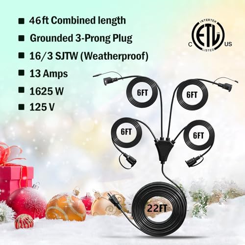 Eversimpleinc Black 1 to 4 Splitter Extension Cord (Combined 46 FT, End to End 28 FT), 3 Prong Plug with 4 Extended Outlets, with Weatherproof...