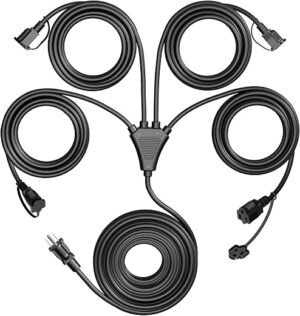 Eversimpleinc Black 1 to 4 Splitter Extension Cord (Combined 46 FT, End to End 28 FT), 3 Prong Plug with 4 Extended Outlets, with Weatherproof... Eversimpleinc Black 1 to 4 Splitter Extension Cord (Combined 46 FT, End to End 28 FT), 3 Prong Plug with 4 Extended Outlets, with Weatherproof...
