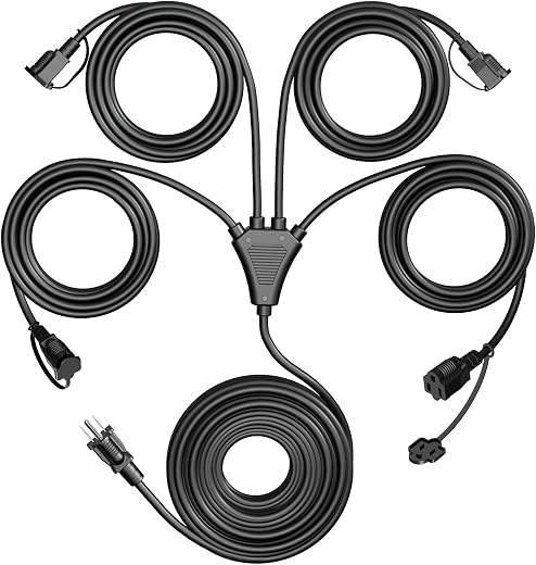 Eversimpleinc Black 1 to 4 Splitter Extension Cord (Combined 46 FT, End to End 28 FT), 3 Prong Plug with 4 Extended Outlets, with Weatherproof...