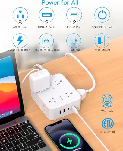 Extension Cord 10 Ft, Ultra Thin Flat Plug Power Strip Surge Protector with 8 Outlets 4 USB Ports (2 USB C), HANYCONY Outlet Extender Desk Charging...