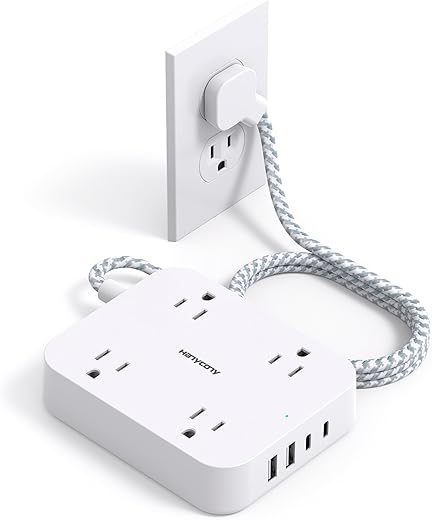 Flat Plug Extension Cord, HANYCONY 5ft Power Strip with 4 USB Ports(2 USB C), 4 Widely Outlets Extender, Wall Mount, Desk Charging Station for...