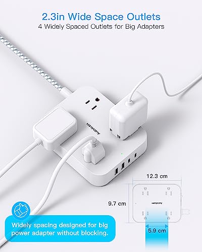 Flat Plug Extension Cord, HANYCONY 5ft Power Strip with 4 USB Ports(2 USB C), 4 Widely Outlets Extender, Wall Mount, Desk Charging Station for...
