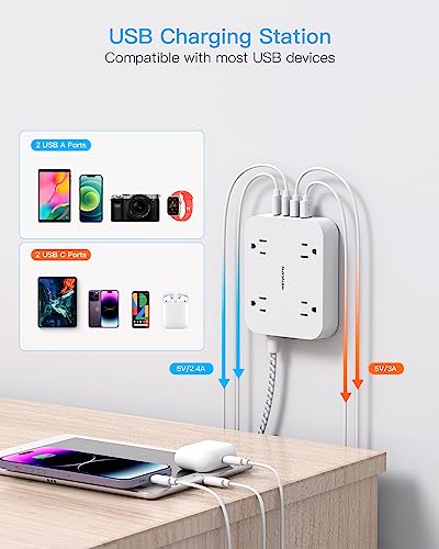 Flat Plug Extension Cord, HANYCONY 5ft Power Strip with 4 USB Ports(2 USB C), 4 Widely Outlets Extender, Wall Mount, Desk Charging Station for...