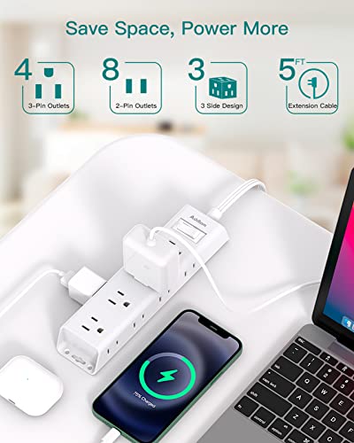 Flat Plug Power Strip, Ultra Thin Flat Extension Cord - Addtam 12 Outlet 3 Sides Multiple Outlets, 5Ft, 1050J Surge Protector, Wall Mount, Desk...