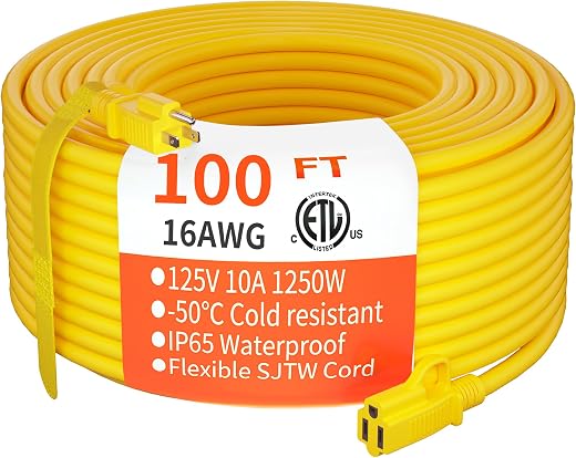 HUANCHAIN Outdoor Extension Cord 100 ft Waterproof, 16/3 Gauge Flexible Cold-Resistant Appliance Extension Cord Outside, 10A 1250W 16AWG SJTW, 3...