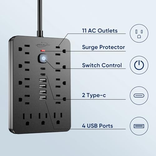 JouleLoom 6 FT Flat Plug Surge Protector Power Strip,11 Multiple AC Outlets with 6 USB Ports (2 USB C), 6 Feet Extension Cord, 1250W/10A, One Touch...