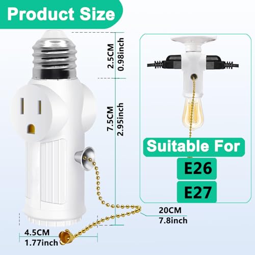 Light Socket Outlet Adapter,E26 Light Bulb Socket - Converts Medium Screw Socket to 2 Outlets with Pull Chain Switch,Polarized Light Bulb Socket...