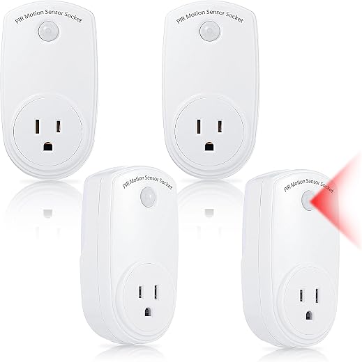 Macarrie 4 Pieces Motion Sensor Sockets Indoor Plug in Sensor Light Control Switch 120 Degrees Motion Activated Detector Plug Outlet for Corridor...