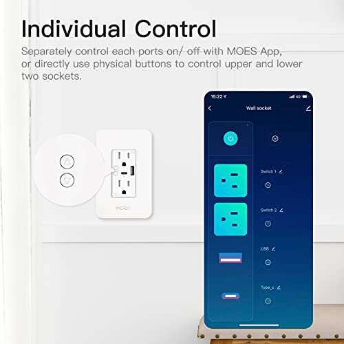 MOES Smart USB Wall Outlet Receptacle with Type-C & Type-A Charger, 2.4GHz Wi-Fi in-Wall Plug Socket, Remote Individual Control On/Off 15Amp, No...