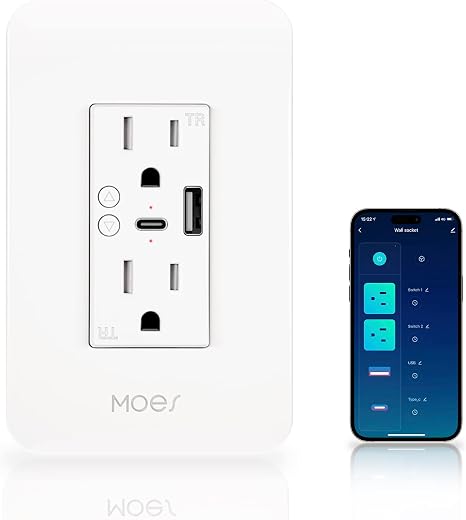 MOES Smart USB Wall Outlet Receptacle with Type-C & Type-A Charger, 2.4GHz Wi-Fi in-Wall Plug Socket, Remote Individual Control On/Off 15Amp, No...