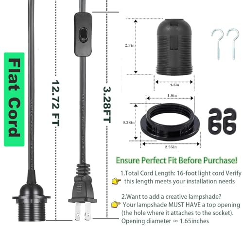 Plug in Pendant Light Cord - 16Ft Hanging Light Kit E26/E27 Light Socket Hanging Lantern Lamp Cord with On/Off Switch,Socket Rings, 1 Pack, Black