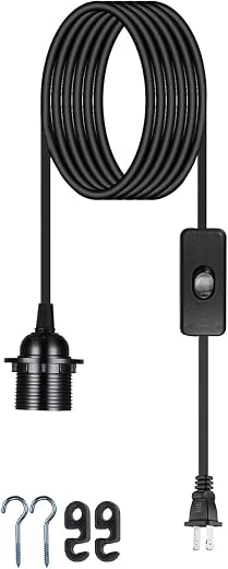 Plug in Pendant Light Cord - 16Ft Hanging Light Kit E26/E27 Light Socket Hanging Lantern Lamp Cord with On/Off Switch,Socket Rings, 1 Pack, Black