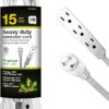 Power By GoGreen Go Green Power Inc. 15ft Extension Cord with 3 Outlets, White - Compact, Flush-Fit Design, Heavy Duty, Grounded Plug - Ideal for...