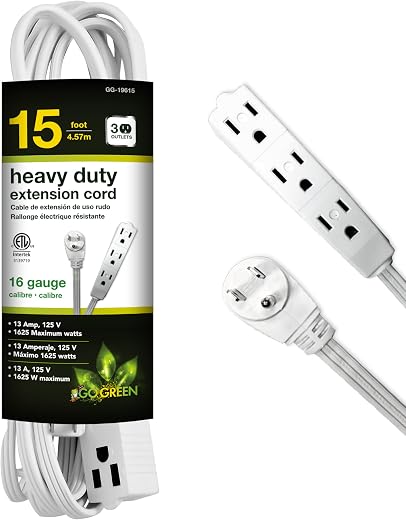 Power By GoGreen Go Green Power Inc. 15ft Extension Cord with 3 Outlets, White - Compact, Flush-Fit Design, Heavy Duty, Grounded Plug - Ideal for...