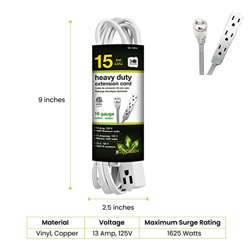 Power By GoGreen Go Green Power Inc. 15ft Extension Cord with 3 Outlets, White - Compact, Flush-Fit Design, Heavy Duty, Grounded Plug - Ideal for...