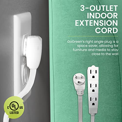 Power By GoGreen Go Green Power Inc. 15ft Extension Cord with 3 Outlets, White - Compact, Flush-Fit Design, Heavy Duty, Grounded Plug - Ideal for...