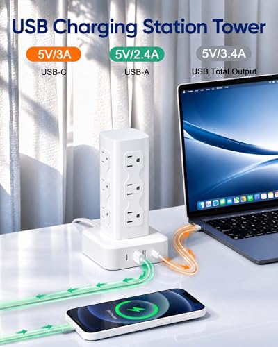 Power Strip Tower Surge Protector(2000J), Flat Plug Charging Station Tower with 12 AC Outlets & 4 USB Ports(2 USB C), 6FT Extension Cord for Home...