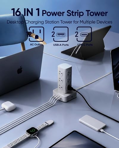Power Strip Tower Surge Protector(2000J), Flat Plug Charging Station Tower with 12 AC Outlets & 4 USB Ports(2 USB C), 6FT Extension Cord for Home...