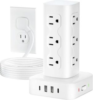 Power Strip Tower Surge Protector(2000J), Flat Plug Charging Station Tower with 12 AC Outlets & 4 USB Ports(2 USB C), 6FT Extension Cord for Home...
