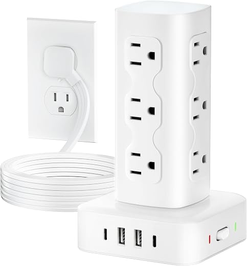 Power Strip Tower Surge Protector(2000J), Flat Plug Charging Station Tower with 12 AC Outlets & 4 USB Ports(2 USB C), 6FT Extension Cord for Home...