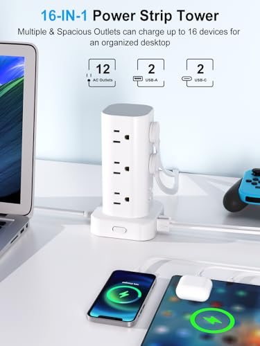 Power Strip Tower with Multiple Outlets, Flat Plug Surge Protector Tower Extension Cord with 12 AC Outlets 4 USB Ports (2 USB C), 6FT Cord Power...