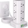 Power Strip Tower with Multiple Outlets, Flat Plug Surge Protector Tower Extension Cord with 12 AC Outlets 4 USB Ports (2 USB C), 6FT Cord Power...