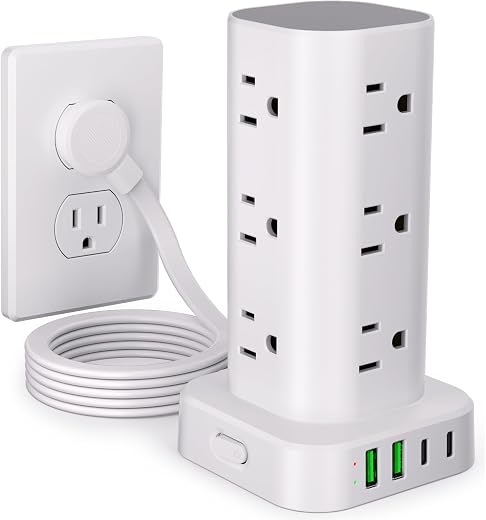 Power Strip Tower with Multiple Outlets, Flat Plug Surge Protector Tower Extension Cord with 12 AC Outlets 4 USB Ports (2 USB C), 6FT Cord Power...